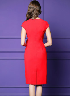 Elegant Red Gathered Waist Bowknot Bodycon Dress