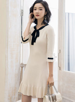 O-neck Bowknot Slim Knitted A Line Dress