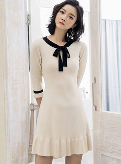 O-neck Bowknot Slim Knitted A Line Dress