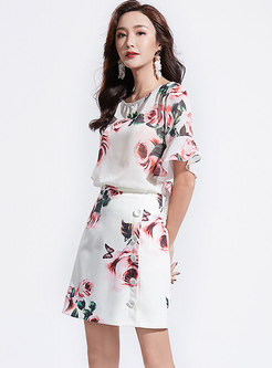 Print O-neck Flare Sleeve Top & High Waist Mini Skirt