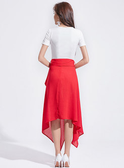 V-neck Hollow Out Slim Top & High Waist Asymmetric Skirt