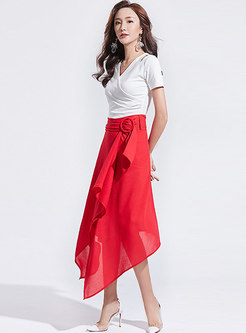 V-neck Hollow Out Slim Top & High Waist Asymmetric Skirt
