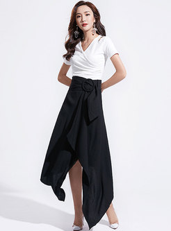 Chic V-neck Slim Top & High Waist Asymmetric Skirt