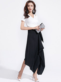 Chic V-neck Slim Top & High Waist Asymmetric Skirt