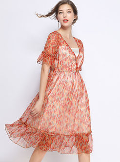Sweet V-neck High Waist Splicing Print Dress