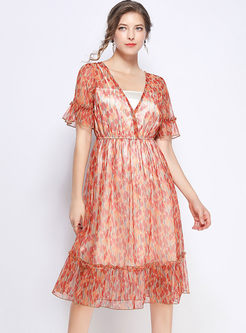 Sweet V-neck High Waist Splicing Print Dress