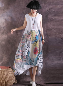 Stylish Print O-neck Sleeveless Asymmetric Maxi Dress