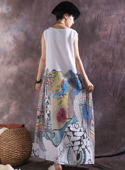 Stylish Print O-neck Sleeveless Asymmetric Maxi Dress