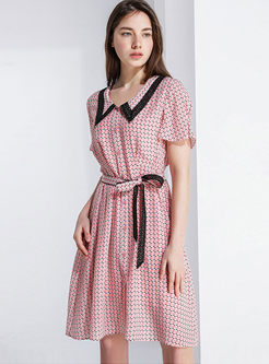 Color-blocked Lapel Short Sleeve Silk Dress