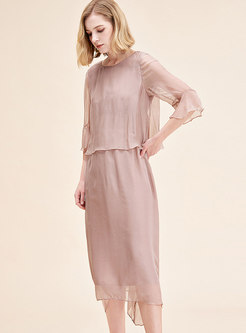 Elegant Pure Color Asymmetric Midi Dress