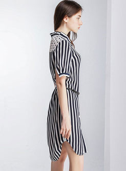Casual Lapel Striped Polka Dot Asymmetric Dress Without Belt