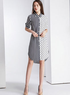 Casual Lapel Striped Polka Dot Asymmetric Dress Without Belt