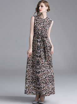 Crew Neck Sleeveless Leopard Print Maxi Dress