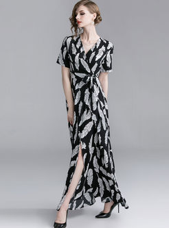 V-neck Short Sleeve Leaf Print Slit Maxi Dress