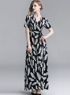 V-neck Short Sleeve Leaf Print Slit Maxi Dress