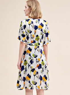 Print V-neck Gathered Waist Asymmetric Midi Dress
