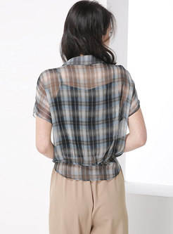 Stylish Plaid Tied See-through Loose Blouse 