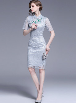 Vintage Lace Embroidered Mandarin Collar Bodycon Dress
