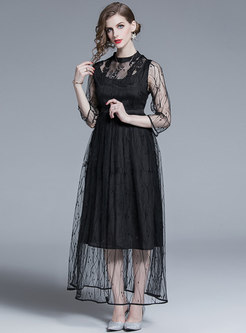 Stand Collar Perspective Black Lace Maxi Dress