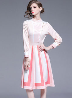 Pink Mock Neck Long Sleeve Striped A Line Dress