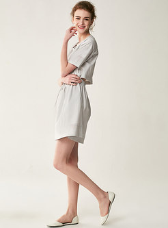Pure Color O-neck Loose Top & Tie-waist Mini Skirt
