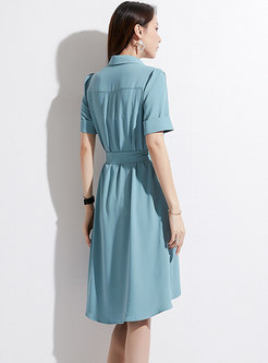Solid Color Lapel Belted Asymmetric Dress