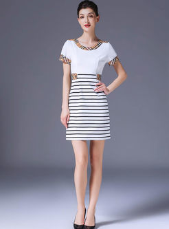 Casual O-neck Plaid Splicing Stripe T-shirt Dress