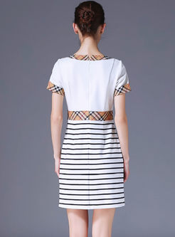 Casual O-neck Plaid Splicing Stripe T-shirt Dress