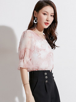 Print O-neck Flare Sleeve Pullover Top
