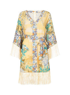 Bohemian Deep V-neck Print Tassel Chiffon Dress