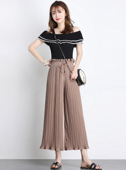Solid Color High Waist Pleated Wide Leg Pants
