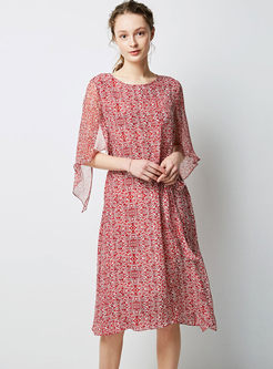 Stylish O-neck Half Sleeve Print Silk Dress