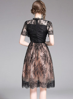 Sexy Lace Stand Collar See-through Slim Skater Dress