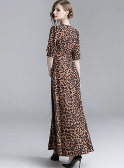 V-neck Half Sleeve Leopard High Hem Maxi Dress