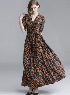 V-neck Half Sleeve Leopard High Hem Maxi Dress