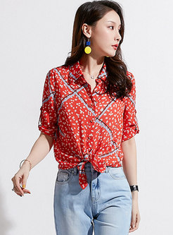 Print Lapel Tied Single-breasted Blouse