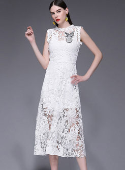 White Sleeveless Lace Hollow Out Maxi Dress