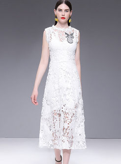 White Sleeveless Lace Hollow Out Maxi Dress