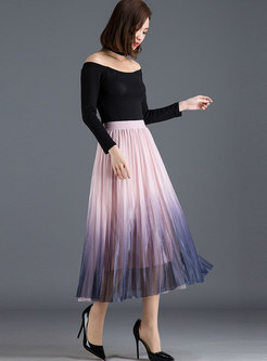 Color-blocked Elastic Waist Pleated Skirt