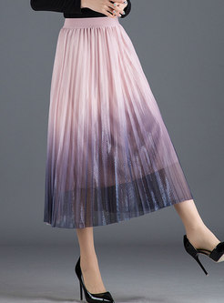 Color-blocked Elastic Waist Pleated Skirt