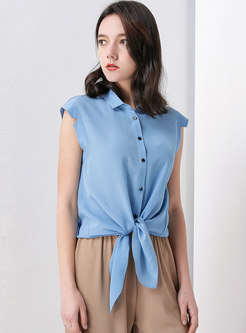 Solid Color Silk Tied Short Sleeve Blouse