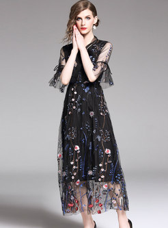 Mesh Embroidered Flare Sleeve Tie-collar Maxi Dress