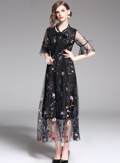 Mesh Embroidered Flare Sleeve Tie-collar Maxi Dress