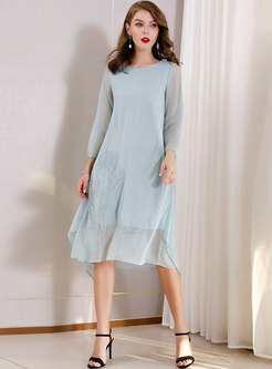 Chic Splicing Embroidered O-neck Asymmetric Dress