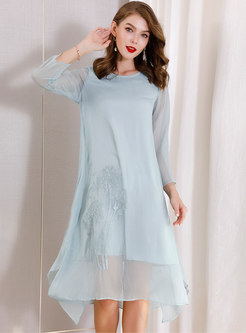 Chic Splicing Embroidered O-neck Asymmetric Dress