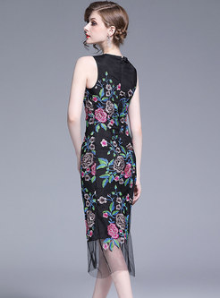 Elegant Mesh Embroidered Sleeveless Bodycon Dress