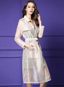Mesh Lapel See-through Apricot Tied Trench Coat