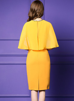 Stylish Pure Color Beaded Cloak Bodycon Dress