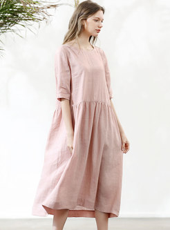 Brief Solid Color Embroidered Linen Shift Dress