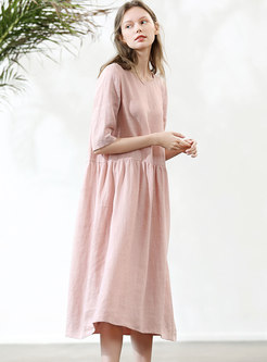 Brief Solid Color Embroidered Linen Shift Dress